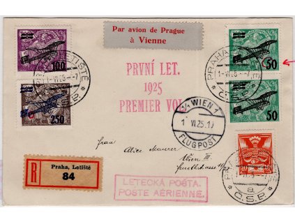 ČSR I Letecké 1925, ⌧︎ 1. let Praha-Vídeň (1.6.1925), DV 50 h "sežíznutá 5", 250 h tečka, unikát!