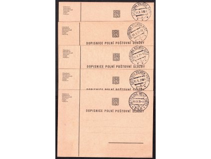 Československá polní pošta 1938, mobilizace, dopisnice polní poštovní služby s kompletní řadou O Ústředna PP -> a-e (5 ks)