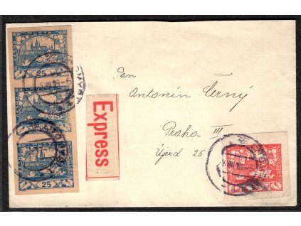 ČSR I 1919, ⌧︎ Ex-⌧︎ správně vyplacený 85 h, ale 3-páskou ZT na makulat. papíru, dodací O