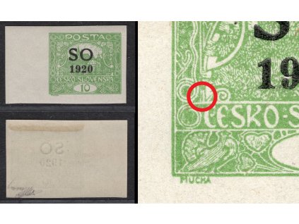 ČSR I SO 1920, Pof. SO 4, x 10 h zelená nezoubkovaná s okrajem, ZP 41/2, zajímavá tisková nahodilost - levá "příčka"