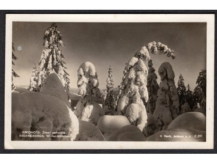 ČSR I 1935, ⌧︎ pohlednice Krkonoše: Zimní pohádka, O poštovna Benecko (Jilemnice)