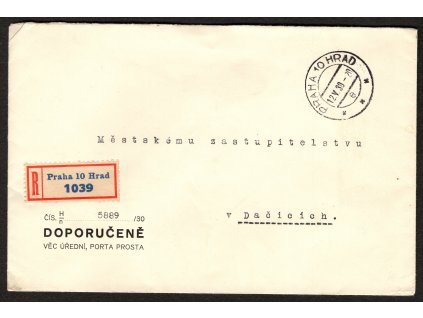 ČSR I 1934, ⌧︎ služební R-Praha 10 Hrad z kanceláře prezidenta republiky, vzadu úřední slepotisk, O Praha 10 Hrad