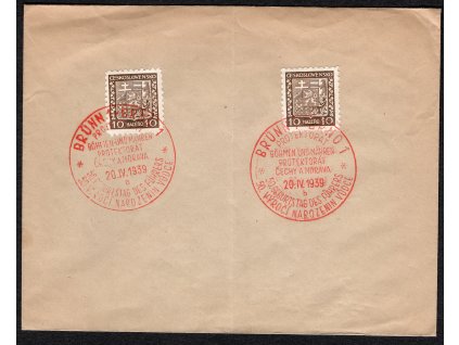 BuM 1939, ⌧︎ obálka (přeložená) s 2x 10 h Znak + 2x PR 4 (a + b)