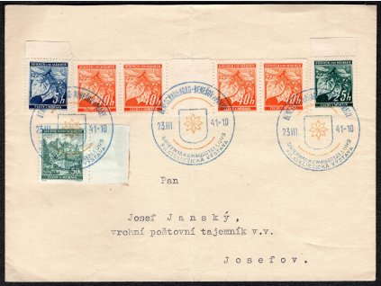 BuM 1941, ⌧︎ nouzová obálka (přeložená), správně vyplaceno jako těžší dopis (2,40 Kč), datum 1. den O