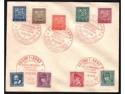 BuM 1939, ⌧︎ s 9 čs. známkami + 3x PR 3a + 2x PR 4a