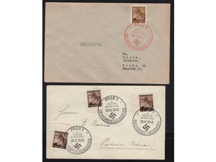 BuM 1942, ⌧︎ dva správně vyplacené tiskopisy (30 h) s PR 96d, jeden s červeným O, druhý se 3 černými (2 kusy)