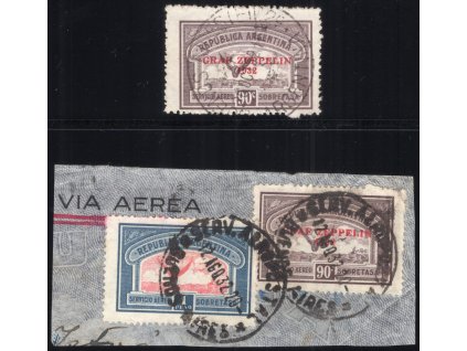 Argentina 1932, Mi. 386 (koncovka), O/△ 90 c Zeppelin, 2 kusy - vynechané PO nahoře/dole!