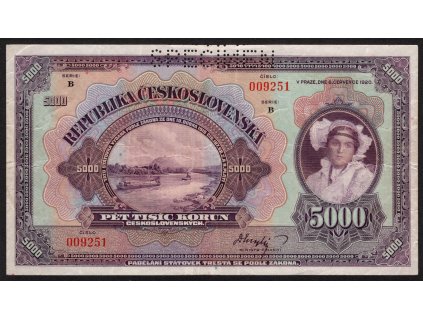 ČSR I 1920, 5.000 Kč, Pof. 17, z oběhu, přeložená, série B, SPECIMEN