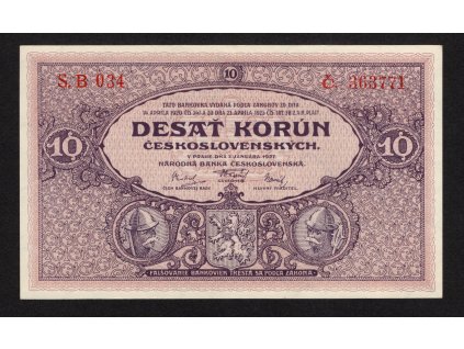 ČSR I 1927, 10 Kč, Pof. 22, nebyla v oběhu, série B