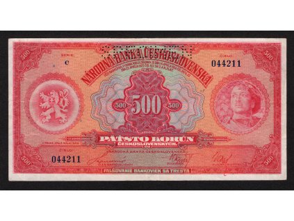 ČSR I 1929, 500 Kč, Pof. 23, z oběhu, slabě přeložená, série C, SPECIMEN