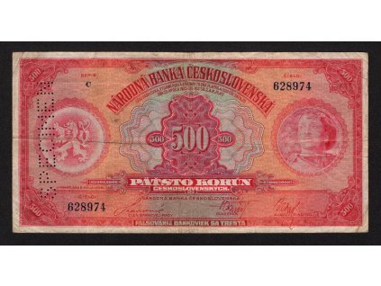 ČSR I 1929, 500 Kč, Pof. 23, z oběhu, série C, SPECIMEN svisle vlevo
