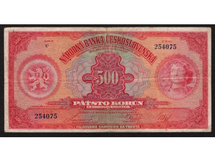 ČSR I 1929, 500 Kč, Pof. 23, z oběhu, vícekrát přeložená, série C