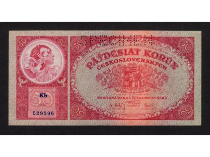 ČSR I 1929, 50 Kč, Pof. 24, nebyla v oběhu, série Kb, SPECIMEN