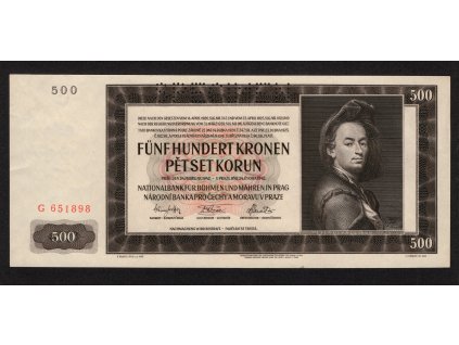 BuM 1942, 500 K (I. vydání), Pof. 35, nebyla v oběhu, dv, rub: obtisk barvy u průsvitky, SPECIMEN