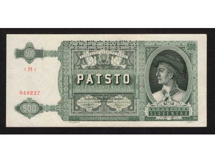 Slovenský stát 1941, 500 Ks, Pof. 52, hezký stav, téměř neznatelný svislý přehyb, SPECIMEN