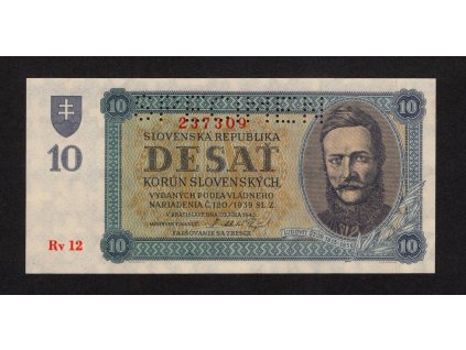 Slovenský stát 1943, 10 Ks, Pof. 54, nebyla v oběhu, série Rv 12, SPECIMEN
