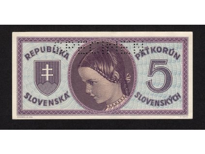 Slovenský stát (1945), 5 Ks, Pof. 55, nebyla v oběhu, série D, SPECIMEN