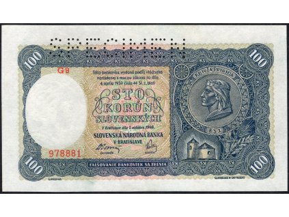 Slovenský stát 1940, 100 Ks (I. vydání), Pof. 48, nebyla v oběhu, SPECIMEN