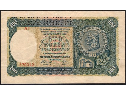 Slovenský stát 1940, 100 Ks (II. vydání), Pof. 49, nebyla v oběhu, dv, SPECIMEN