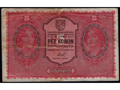 ČSR I 1919, 5 Kč, Pof. 8, z oběhu, 2x přeložená, natržená