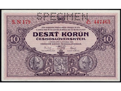 ČSR I 1927, 10 Kč, Pof. 22, nebyla v oběhu, série N, SPECIMEN