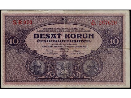 ČSR I 1927, 10 Kč, Pof. 22, z oběhu, vícekrát přeložená, série R!
