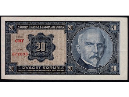 ČSR I 1926, 20 Kč, Pof. 21, hezká jakost, téměř neznatelný svislý přehyb, série CHf
