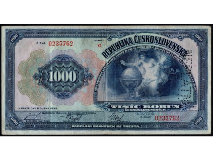 ČSR I 1932, 1.000 Kč, Pof. 26, z oběhu, vícekrát přeložená, NEPLATNÉ svisle vpravo