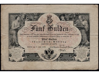 Rakouské císařství 1866, 5 Gulden, z oběhu, vícekrát přeložená