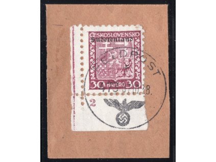 Sudety - Konstantinovy lázně 1938, Mi. 5, △ 30 h Znak s DČ 2, razítko německé polní pošty č. 473 ze 7.10.38, náklad jen 150 kusů známek, takže s DČ zřejmě unikát! (navíc s tímto razítkem!)