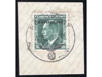 Sudety - Konstantinovy lázně 1938, Mi. 8, △ 50 h Beneš, razítko německé polní pošty č. 473 ze 7.10.38, náklad jen 150 kusů známek, zk. Gilbert, s tímto razítkem zřejmě unikát!