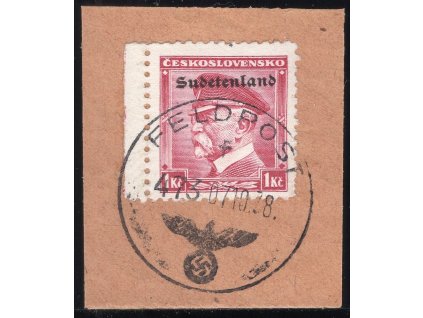 Sudety - Konstantinovy lázně 1938, Mi. 11, △ 1 Kč TGM, razítko německé polní pošty č. 473 ze 7.10.38, náklad jen 150 kusů známek, s tímto razítkem zřejmě unikát!