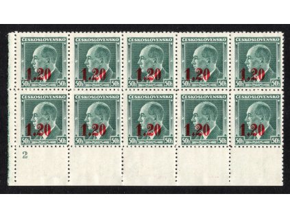 Sudety - Aš 1938, Mi. 4, xx 50 h Beneš, levý dolní vodorovný 10-blok s DČ 2, vzadu úplný dvojitý strojový obtisk, v této podobě zřejmě unikát!