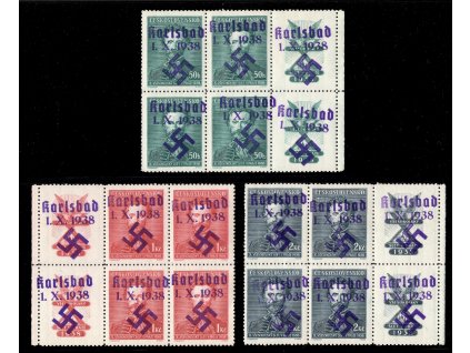 Sudety - Karlovy Vary 1938, Mi. 57-9 Zf, xx/x série Fügner ve 4-blocích se 2 kupony, nálepka vždy jen na jedné známce, kzy, první nám známé takové bloky!