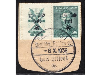 Sudety - Liberec 1938, Mi. 134 Zf, △ 50 h Fügner s kuponem
