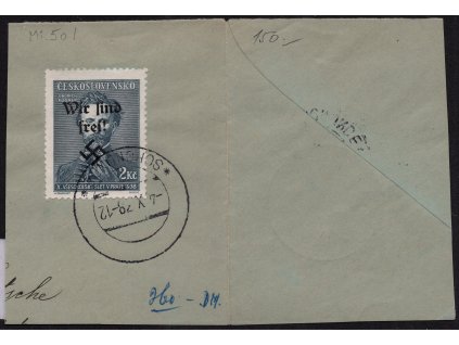 Sudety - Rumburk 1938, Mi. 50 I., △ 2 Kč Fügner, přetisk s kulatým vykřičníkem!, znárodněné denní razítko