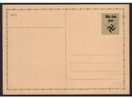 Sudety - Rumburk Celiny 1938, Mi. P7 I., CN dopisnice 50 h Znak, přetisk s obráceným hákovým křížem