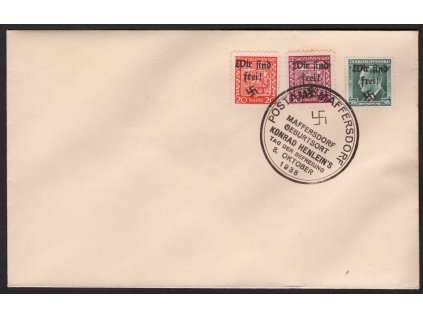 Sudety - Maffersdorf 1938, Mi. 13+15+34, ⌧︎ FDC 20+30+50 h Znak a EB, O z ochoty, dv - sleva!