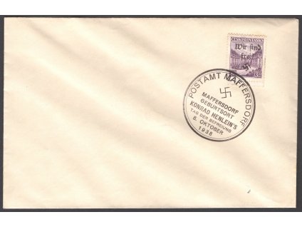 Sudety - Maffersdorf 1938, Mi. 30, ⌧︎ FDC 3,50 Kč Slavkov, s okrajem, O z ochoty, dv - sleva!