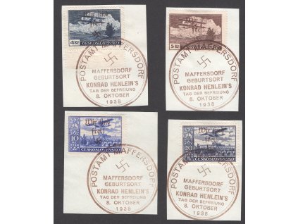 Sudety - Maffersdorf 1938, Mi. 40-43, △ 4 - 20 Kč Letecké, z toho 20 Kč s Řz 13 3/4 - vzácné!, Michel jako razítkovanou ani neuvádí!, O FDC, 2x zkoušené!