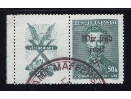 Sudety - Maffersdorf 1938, Mi. 134 Zf, O 50 h Fügner s kuponem, O FDC, dv - sleva!