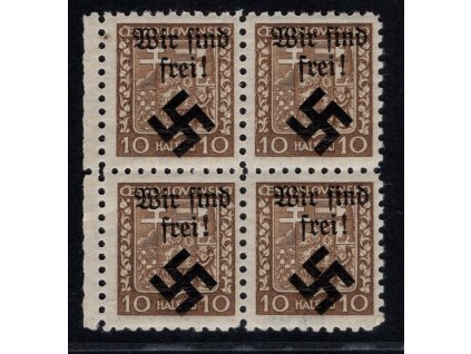Moravská Ostrava 1938, Mi. 2x, xx 10 h Znak na pergamenovém papíru, 4-blok se spojenými všemi typy přetisku!, nahoře 2x I. typ, dole II. a III. typ, rarita!, možná unikát!