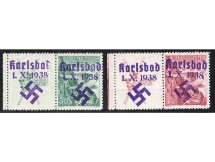 Sudety - Karlovy Vary 1938, Mi. 49-50 Zf, xx série Zimní hry s kuponem, z toho 50 h typ II.1 a 1 Kč typ II.2 (ta vvl)