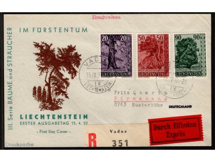 Lichtenštejnsko 1959, Mi. 377-79, △ přední strana R+Ex-☒ Vaduz FDC