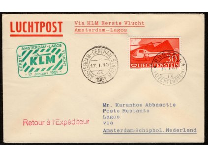 Lichtenštejnsko 1960, Mi. 391, ☒ 1. let Amsterdam - Lagos