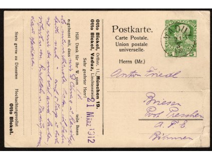 Lichtenštejnsko - rakouská celina 5 h FJ I., obchodní sdělení, raz. Vaduz 21.3.1912, sleva