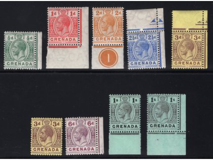 Grenada 1913, Mi. 72-8, xx 0,5 d - 1 s Jiří V., varianty - 9ks