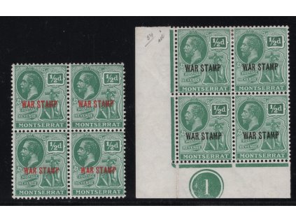 Montserrat 1917, Mi. 52-3, xx/x WAR STAMP 1/2 d červený a černý, čtyřblok