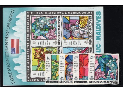 Maledivy 1969, Mi. 305-8 + Bl. 10, xx Apollo 11
