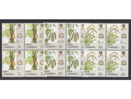 Malajsie - Johore 1986, Mi. 184 + 185 + 188 D, xx 5, 10, 30 c, Hz 14:13 3/4, čtyřbloky